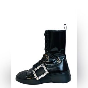 Roger Vivier Black Patent Leather Lace-Up Ankle Boots with Crystal Buckle